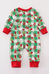 Green grinch print plaid zip boy romper