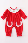 Red christmas holly embroidery girl romper