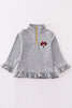 Grey character embroidery girl zipper pullover