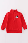 Red character embroidery boy zipper pullover