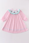 Pink tractor embroidery gingham dress