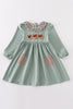 Green farm cow french knot dress