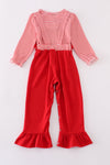 Red stripe valentine heart applique girl jumpsuit set