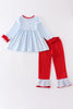 Blue stripe valentine puppy heart embroidery girl set