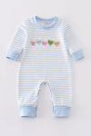 Blue stripe valentine heart embroidery boy romper