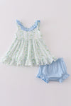 Blue botanical print girl bloomer set