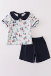 Navy sailboat print boy set