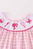 Pink barbie embroidery gingham girl dress