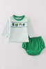 Green lucky clover embroidery boy bloomer set