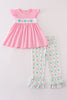 Pink green bow clover embroidery girl set