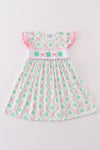 Pink green bow clover embroidery girl dress