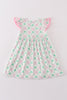 Pink green bow clover embroidery girl dress