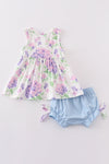 Purple hydragena print girl bloomer set