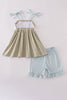 Green farm windmill embroidery ruffle shorts set