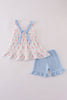 Blue floral bow print ruffle shorts set