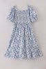 Blue smocked floral print mom dress