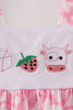 Pink strawberry milk cow embroidery ruffle shorts set
