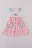 Pink strawberry milk cow embroidery ruffle dress
