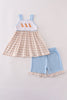 Beige puppy embroidery gingham ruffle shorts set