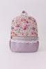 Purple floral print canvas ruffle backpack