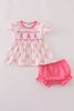 Pink bow tie embroidery ruffle bloomer set