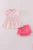 Pink bow tie embroidery ruffle bloomer set