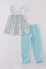 Blue bow & lace print ruffle pants set