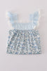 Blue bow & lace print ruffle pants set