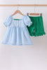 Blue clover embroidery swiss dot shorts set