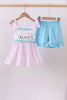 Pink stripe seersucker animal smocked ruffle shorts set