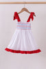 White smocked jacquard ruffle dress
