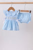 Blue floral smocked jacquard ruffle bloomer set