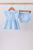 Blue floral smocked jacquard ruffle bloomer set