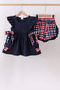 Navy flag applique gingham ruffle shorts set