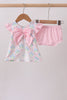 Pink hydrangea bow print ruffle bloomer set