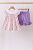 Purple rose bow smocked ruffle shorts set