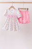 Pink floral bow smocked ruffle shorts set