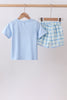 Blue birthday cake smocked plaid shorts set