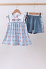 Blue strawberry bow ruffle shorts set