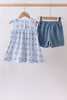 Blue strawberry bow ruffle shorts set