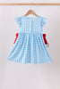 Blue Apple Appliqué Gingham Ruffle Dress