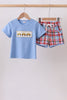 Blue Bus Embroidered Plaid Set