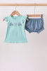 Blue Farm Tractor Embroidered Bloomer Set