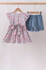 Blue Floral Smocked Scalloped Shorts Set