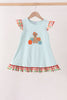 Blue Puppy Pumpkin Embroidery Gingham Ruffle Dress