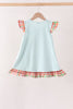 Blue Puppy Pumpkin Embroidery Gingham Ruffle Dress