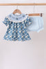 Blue pumpkin bow smocked lace bloomer set