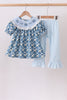 Blue pumpkin bow smocked lace ruffle pants set