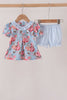 Blue rose floral ruffle bloomer set