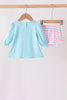 Blue bow french knot ruffle plaid bloomer set